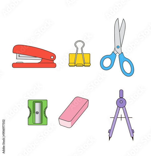 Office and School Supplies Set with Stapler Binder Clip Scissors Pencil Sharpener Eraser and Compass Tool Isolated Graphic Design