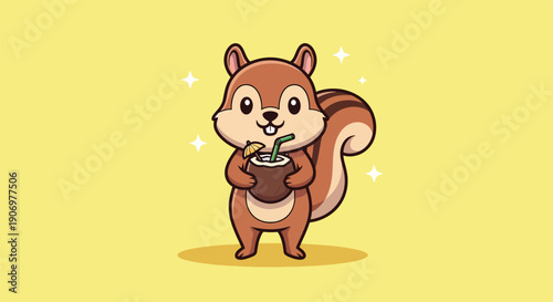 Cute Squirrel Holding a Cup Cartoon Illustration.