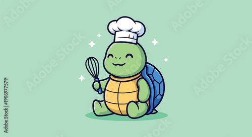 Cute Turtle Chef Holding Whisk Cartoon Vector Icon Illustration.