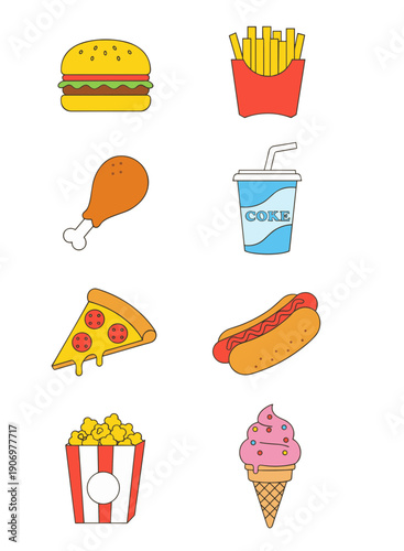Fast food and snacks collection featuring burger fries fried chicken coke pizza hot dog popcorn and ice cream cone in flat vector style