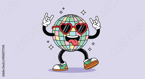 Funny retro disco ball character with heart sunglasses and rock and roll gesture dancing.
