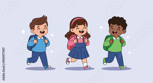 Happy Diverse Children Running to School with Backpacks.