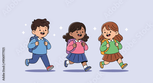 Happy Diverse School Children Running Together.