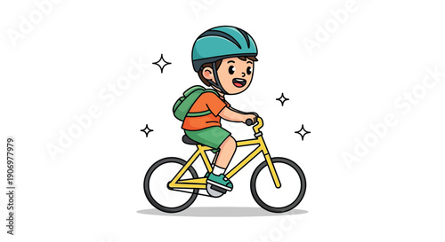 Happy Little Boy Riding Bicycle with Helmet and Backpack.
