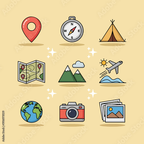 Travel and adventure icons set with map compass camera and airplane.