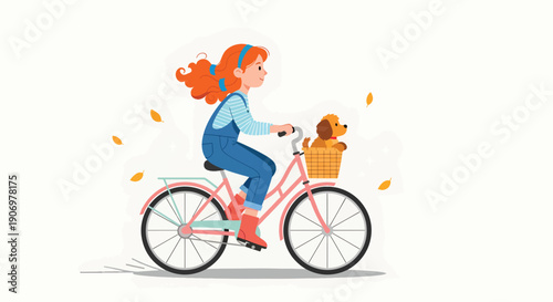 Young girl with red hair riding a bicycle with her dog in a basket.
