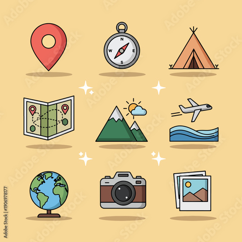 Travel and adventure icons set with map compass tent mountains airplane globe camera and photos.