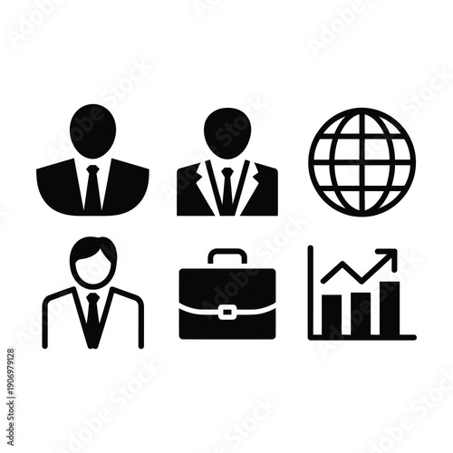 Black and white business icons set with people globe briefcase graph icon
