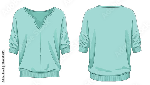 Technical fashion flat sketch showcasing a relaxed-fit women's pullover top with a stylish notched V-neckline and comfortable dolman sleeves for