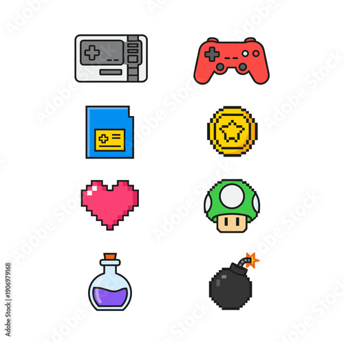 Retro Gaming and Pixel Art Video Game Icons Featuring Gamepad Controller Potion Heart Star Coin Mushroom and Bomb Symbols on White Background