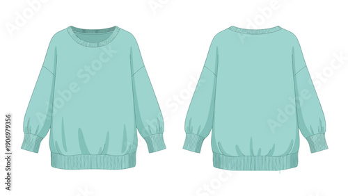Clean rendered mint green casual long sleeve crew neck sweatshirt illustration featuring front and back views perfect for fashion design concepts