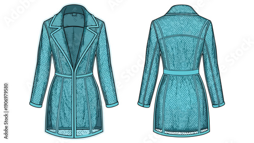 Detailed fashion flat illustration of a contemporary textured teal women's trench coat design