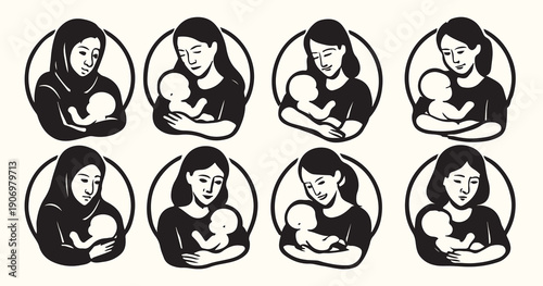 Nine Black and White Illustrations Mothers Holding Babies Diverse Styles baby infant