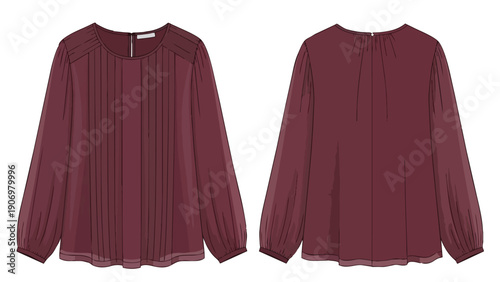 Detailed technical illustration of a sophisticated burgundy long-sleeved blouse, featuring intricate front pintucks and soft gathered cuffs,