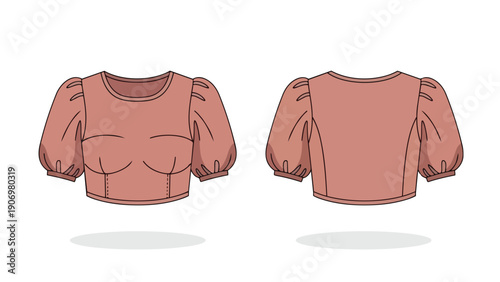 Fashionable women's crop top illustration showcasing contemporary design with voluminous puff sleeves in a soft pink hue, depicted from both front