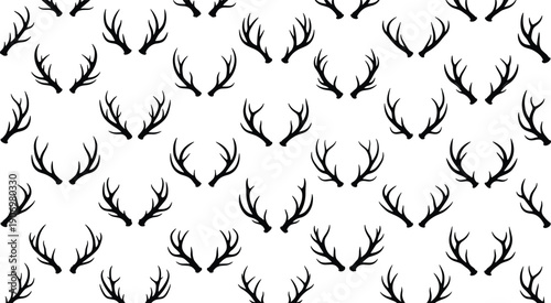 Seamless deer antler silhouette pattern on white background, minimalist wildlife horn illustration for fabric, wallpaper, wrapping paper, branding, rustic nature design