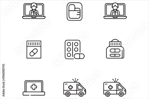 Healthcare icons depicting telemedicine medication and emergency services