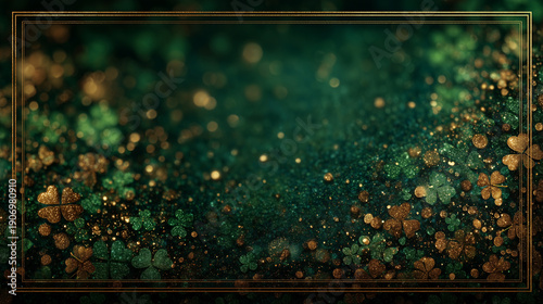 Emerald green glitter background with gold shamrocks Saint Patricks Day frame