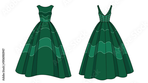 An exquisite illustration displays two majestic emerald green evening gowns adorned with flowing skirts and distinct wavy patterns exhibiting