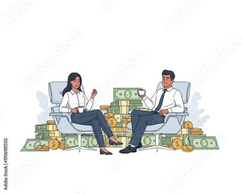 Relaxed business couple sitting in chairs drinking coffee with large pile of money and gold coins. Passive income, financial freedom, wealth accumulation, and investment profit flat vector concept.