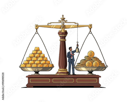 Bitcoin vs Gold Balance Scale: Businessman Comparing Crypto and Traditional Assets on Weighing Scales - Flat Vector Illustration for Investment Concepts