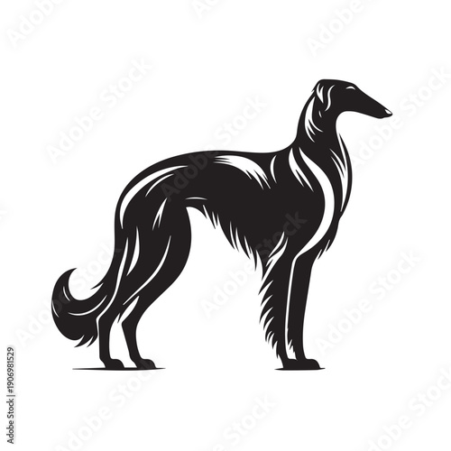 Elegant Borzoi Dog Vector Silhouette Illustration Featuring Long Legs Flowing Coat Graceful Pose Perfect For Logos Posters T-Shirts Prints Branding Social Media Pet Lovers Designers Creative.