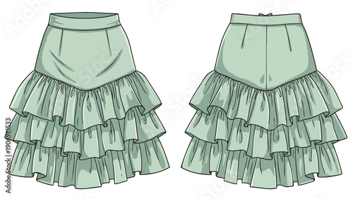 Elegant ruffled midi-skirt flat lay illustration in soft sage green, showcasing both front and back views of the tiered design, ideal for fashion