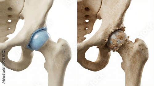 Comparison of a healthy human hip joint with an arthritic or diseased hip joint showing cartilage degeneration.