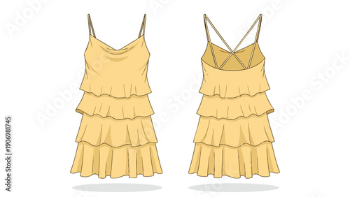 Elegant mustard yellow tiered mini dress design featuring delicate spaghetti straps and a ruffled silhouette a versatile fashion flat sketch for