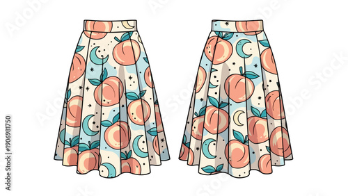 Whimsical A-line pleated skirt featuring delightful peach and crescent moon motifs a charming garment for a carefree and dreamy summer season fashion.