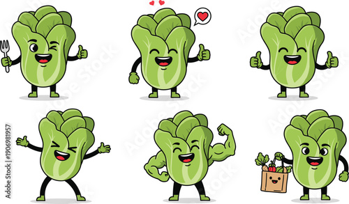 Cute Lettuce Vegetable Character Collection Flat Cartoon Vector Illustration Isolated on White Background