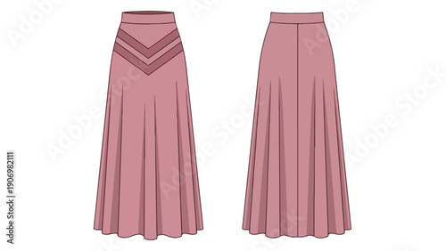 Detailed technical illustration of a women's elegant flowing maxi skirt in a soft rose hue featuring prominent front pleating and a distinctive