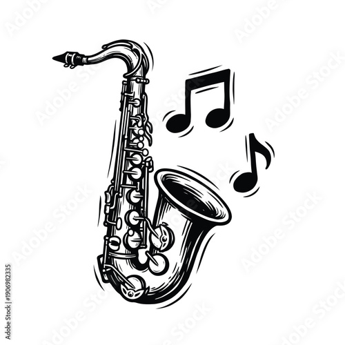 A black and white illustration of a saxophone with musical notes