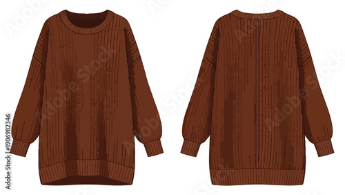 Front and back view of a cozy chestnut brown ribbed knit long-sleeve sweater, an ideal relaxed fit garment for embracing cool weather comfort and