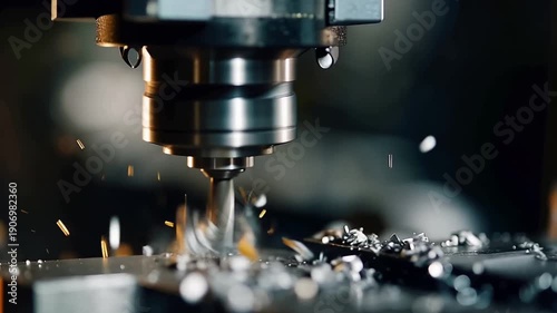 A macro close up of a precision drilling operation on a steel component in a machining workshop showcasing intr