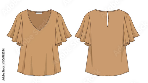 Stylish Women's Tan V-Neck Flutter Sleeve Top Flat Fashion Technical Sketch Vector Illustration Front and Back Views