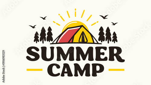 Summer camp logo with tent sun trees and birds outdoor adventure symbol
