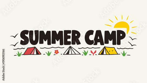 Playful summer camp wordmark with colorful tents and sunny landscape