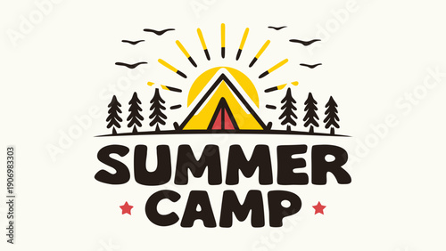 Vintage hand drawn summer camp badge with tent sun trees and birds illustration