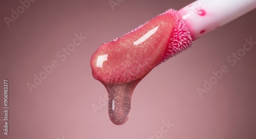 Glittery pink lip gloss applicator dripping with sparkly liquid
