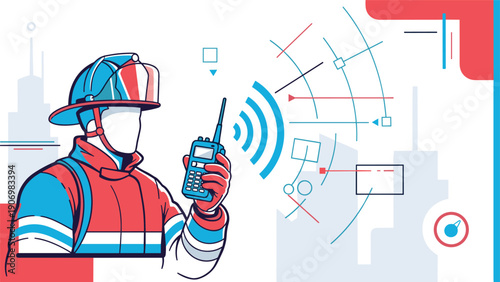 Brave firefighter in full protective gear uses a walkie-talkie for communication with city silhouette in background.