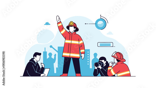 Firefighter in a bright reflective suit signals for attention while a reporter and photographer capture the scene.