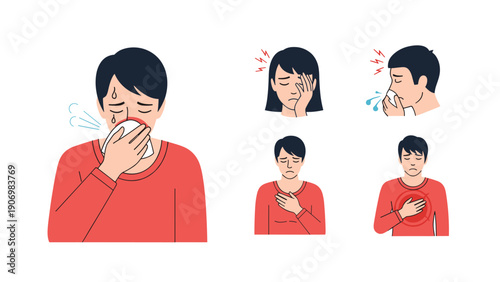 Characters showing different health symptoms like sneezing, headache, and chest pain due to cold or viral infection.