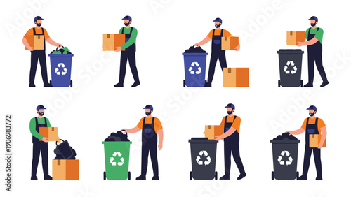 Sanitation workers in safety uniforms handle various trash collection tasks with wheelie bins and recycling boxes.