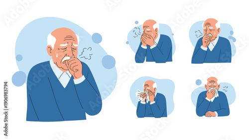 Elderly man suffers from various cold and flu symptoms including coughing and feeling unwell in a character collection.