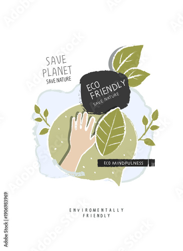 Vector hand drawn sketch of arm supporting green leaves as a sign of concern for the environment. Illustration of Environmentally friendly planet. Ecology and Sustainable lifestyle Consept.Think Greeт