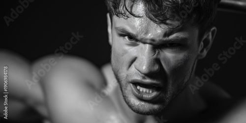 Intense and powerful portrait of a man with a determined expression, captured in black and white