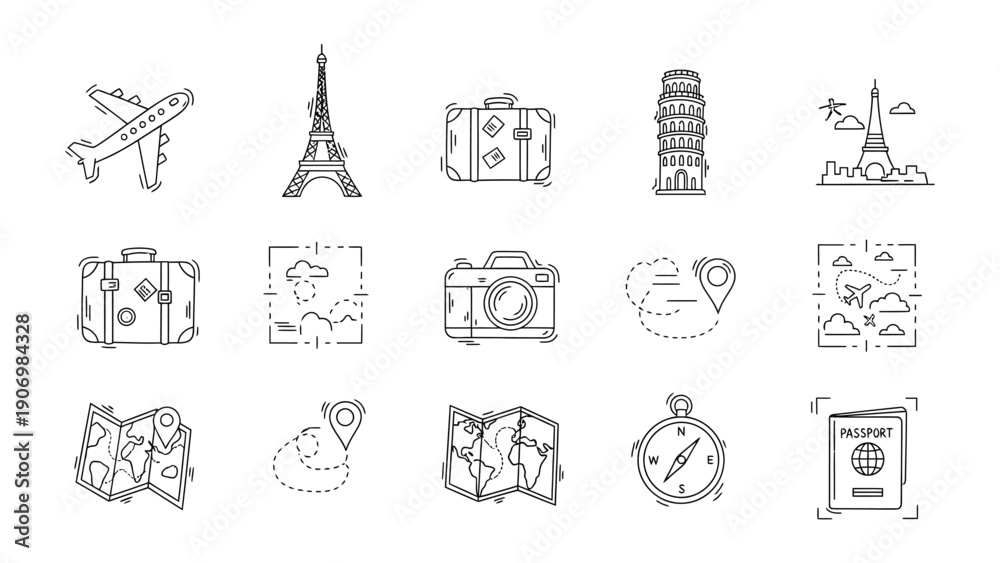 Fototapeta premium Travel Icon Collection: A meticulously crafted assortment of travel icons, perfect for illustrating the essence of journey, exploration, and adventure. Representing key elements of travel.
