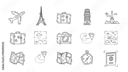 Travel Icon Collection: A meticulously crafted assortment of travel icons, perfect for illustrating the essence of journey, exploration, and adventure. Representing key elements of travel.