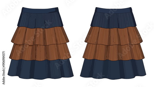 Detailed flat sketch of a tiered skirt design featuring contrasting segments of dark blue and finely pleated brown fabric offering a sophisticated